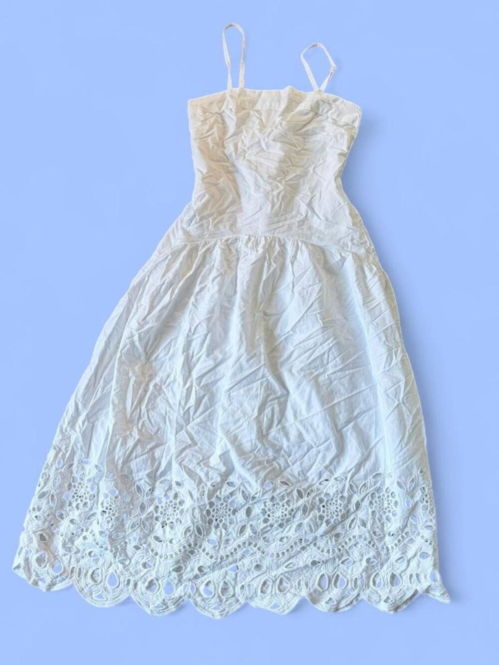 White lace dress with floral embroidery and scalloped hem and eyelets  , size S